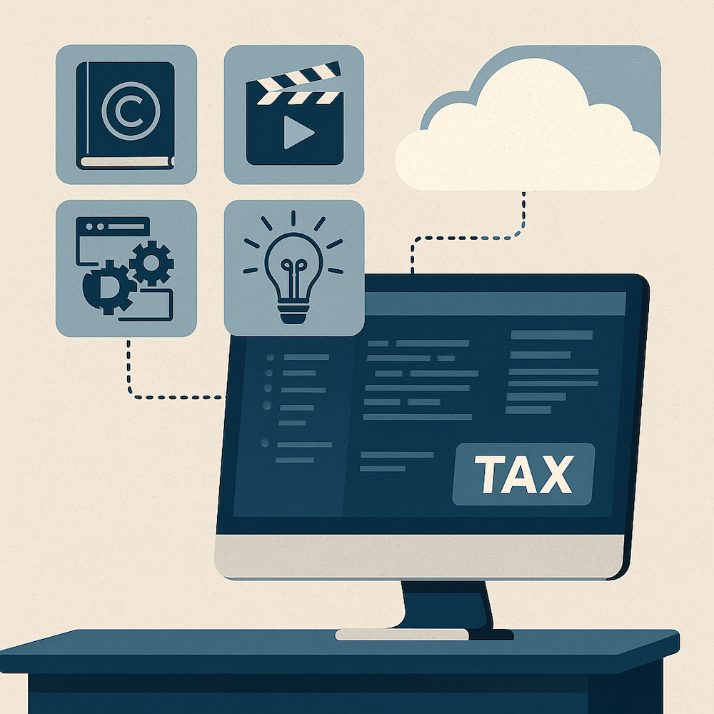 Illustration numérique montrant un écran d’ordinateur relié à des pictogrammes de logiciels, brevets et cloud computing, représentant l’élargissement de la taxe aux importations immatérielles.