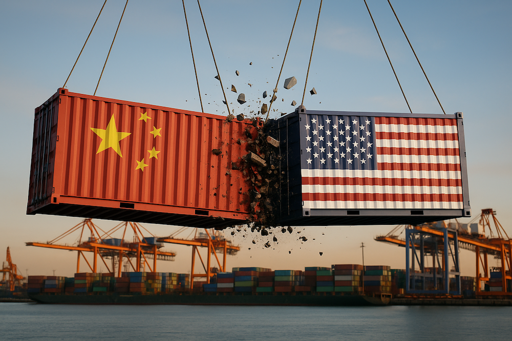 Conteneurs aux drapeaux chinois et américain en collision symbolisant la guerre commerciale entre la Chine et les États-Unis dans le secteur maritime.